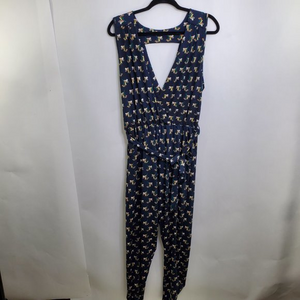 Bella‎ Berry Jumpsuit L Blue Floral V-neck Wrap Pan